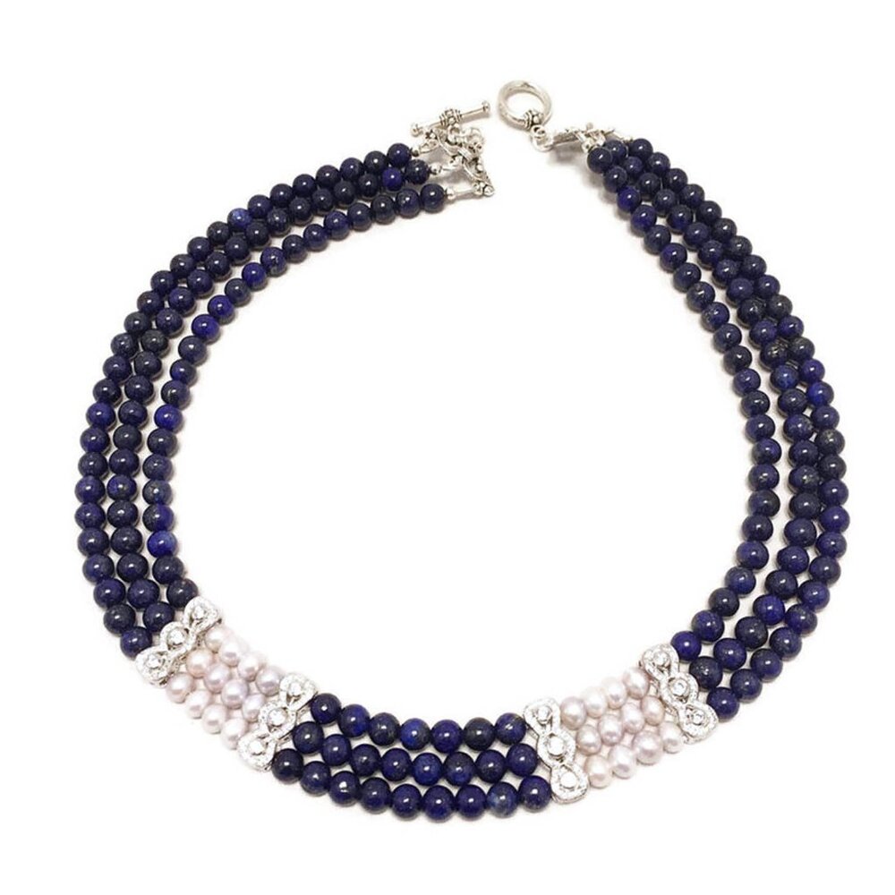 Three Strands lapis lazuli  And Silver Pearl necklace